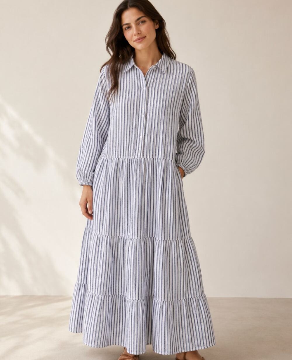 Max Studio Striped Dress Tiered Long Sleeve Blue White Black 3X